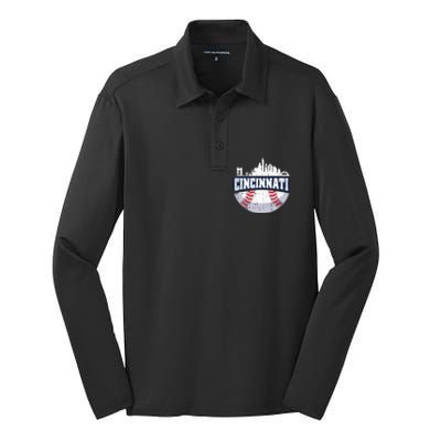 Cincinnati Baseball Skyline Ohio Baseball Player Gift Silk Touch Performance Long Sleeve Polo