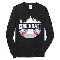 Cincinnati Baseball Skyline Ohio Baseball Player Gift Tall Long Sleeve T-Shirt