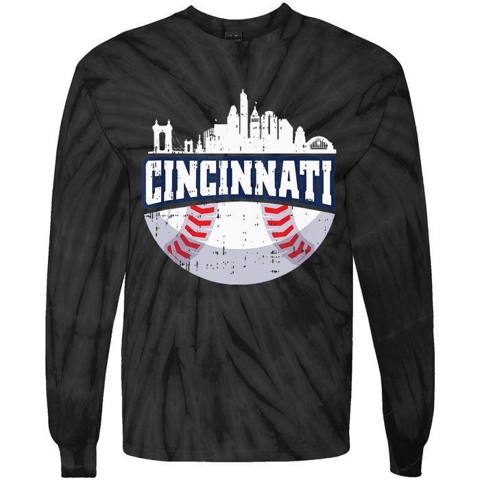 Cincinnati Baseball Skyline Ohio Baseball Player Gift Tie-Dye Long Sleeve Shirt