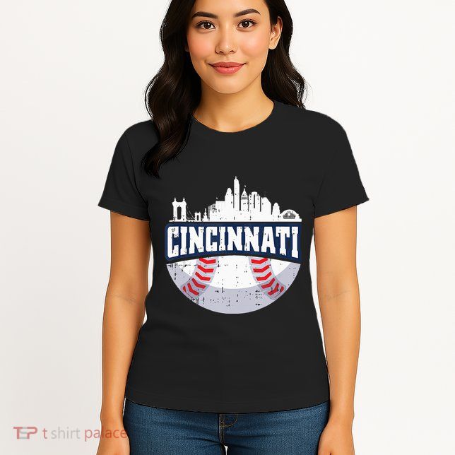 Cincinnati Baseball Skyline Ohio Baseball Player Gift Womens T-Shirt