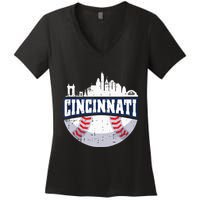 Cincinnati Baseball Skyline Ohio Baseball Player Gift Women's V-Neck T-Shirt