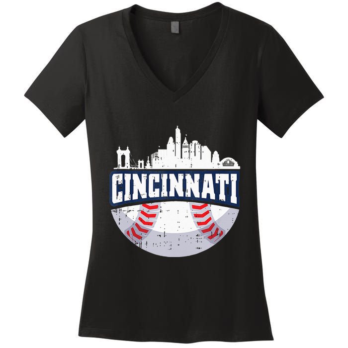 Cincinnati Baseball Skyline Ohio Baseball Player Gift Women's V-Neck T-Shirt