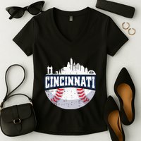 Cincinnati Baseball Skyline Ohio Baseball Player Gift Women's V-Neck T-Shirt
