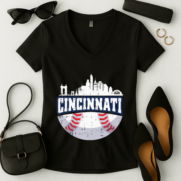 Cincinnati Baseball Skyline Ohio Baseball Player Gift Women's V-Neck T-Shirt