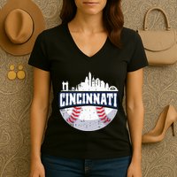 Cincinnati Baseball Skyline Ohio Baseball Player Gift Women's V-Neck T-Shirt