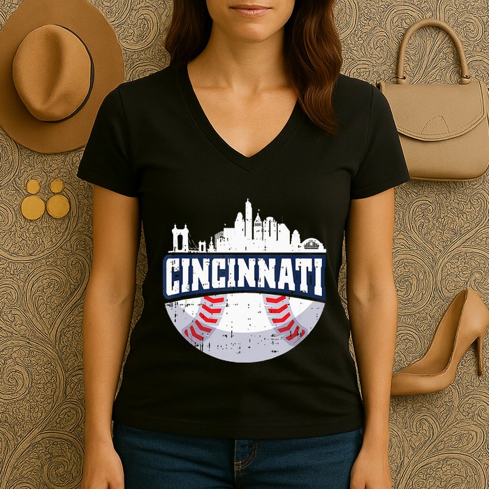 Cincinnati Baseball Skyline Ohio Baseball Player Gift Women's V-Neck T-Shirt