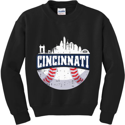 Cincinnati Baseball Skyline Ohio Baseball Player Gift Kids Sweatshirt