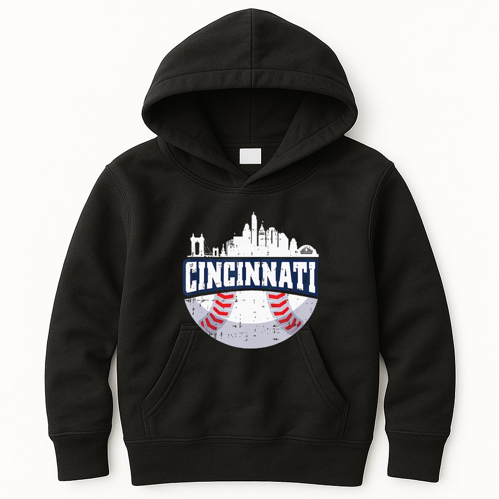 Cincinnati Baseball Skyline Ohio Baseball Player Gift Kids Hoodie