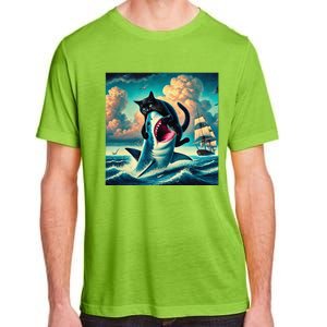 Cat Biting Shark Funny Art And Cat Lover Funny Adult ChromaSoft Performance T-Shirt