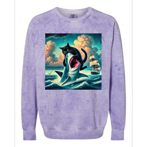 Cat Biting Shark Funny Art And Cat Lover Funny Colorblast Crewneck Sweatshirt