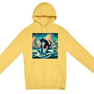 Cat Biting Shark Funny Art And Cat Lover Funny Premium Pullover Hoodie