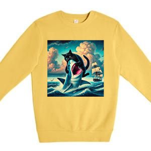 Cat Biting Shark Funny Art And Cat Lover Funny Premium Crewneck Sweatshirt