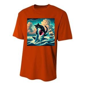 Cat Biting Shark Funny Art And Cat Lover Funny Performance Sprint T-Shirt