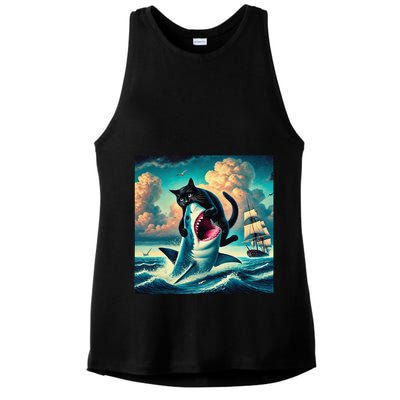 Cat Biting Shark Funny Art And Cat Lover Funny Ladies PosiCharge Tri-Blend Wicking Tank