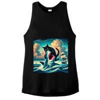 Cat Biting Shark Funny Art And Cat Lover Funny Ladies PosiCharge Tri-Blend Wicking Tank
