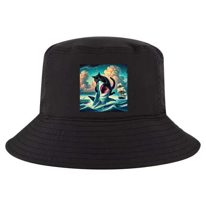 Cat Biting Shark Funny Art And Cat Lover Funny Cool Comfort Performance Bucket Hat