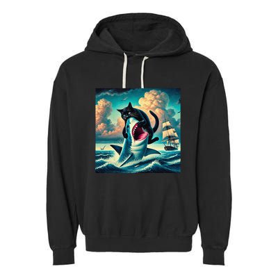 Cat Biting Shark Funny Art And Cat Lover Funny Garment-Dyed Fleece Hoodie