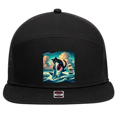 Cat Biting Shark Funny Art And Cat Lover Funny 7 Panel Mesh Trucker Snapback Hat