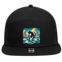 Cat Biting Shark Funny Art And Cat Lover Funny 7 Panel Mesh Trucker Snapback Hat