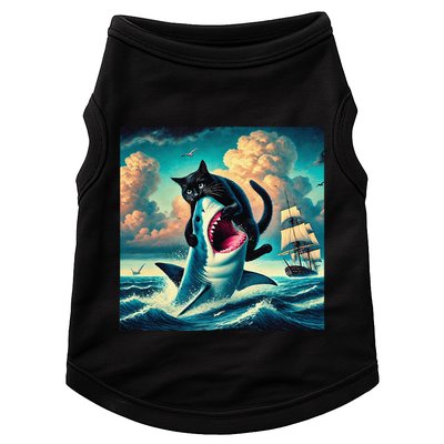 Cat Biting Shark Funny Art And Cat Lover Funny Doggie Tank