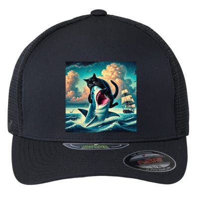 Cat Biting Shark Funny Art And Cat Lover Funny Flexfit Unipanel Trucker Cap