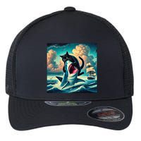 Cat Biting Shark Funny Art And Cat Lover Funny Flexfit Unipanel Trucker Cap
