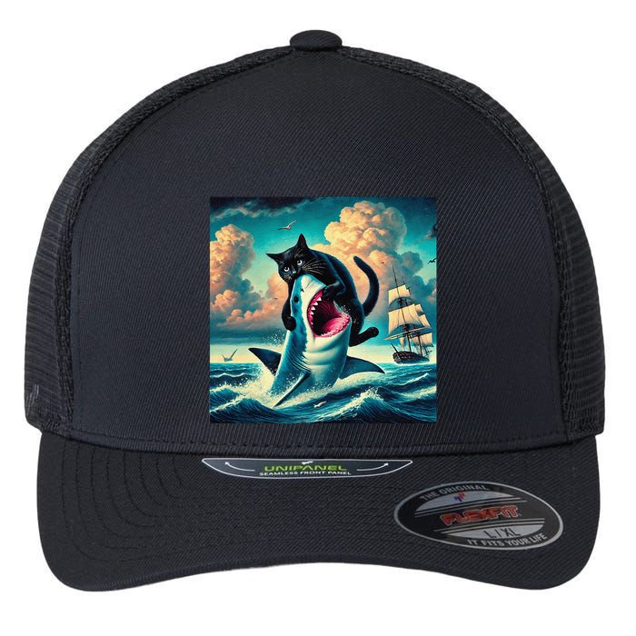 Cat Biting Shark Funny Art And Cat Lover Funny Flexfit Unipanel Trucker Cap