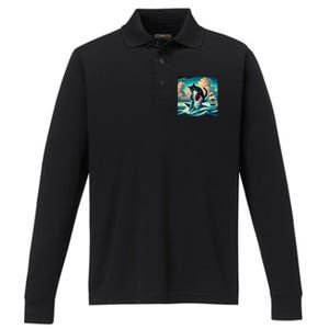 Cat Biting Shark Funny Art And Cat Lover Funny Performance Long Sleeve Polo