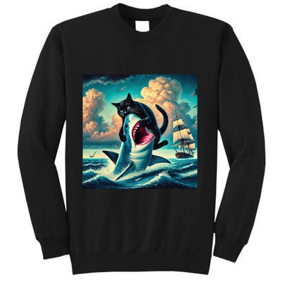 Cat Biting Shark Funny Art And Cat Lover Funny Sweatshirt