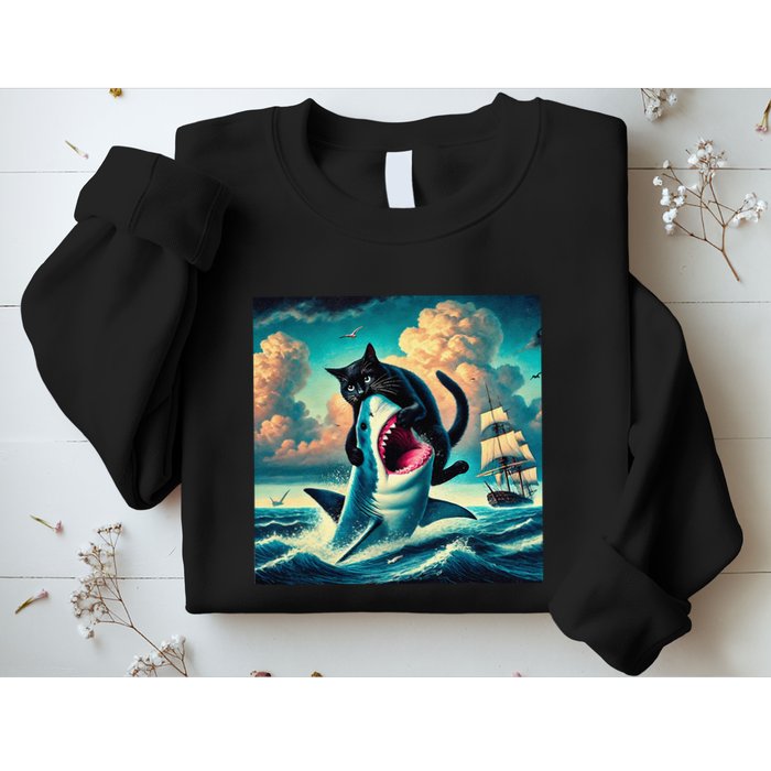 Cat Biting Shark Funny Art And Cat Lover Funny Sweatshirt