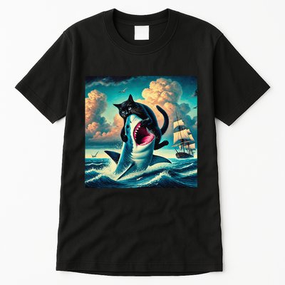 Cat Biting Shark Funny Art And Cat Lover Funny Tall T-Shirt