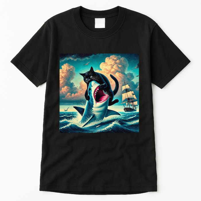 Cat Biting Shark Funny Art And Cat Lover Funny Tall T-Shirt