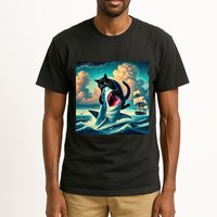 Cat Biting Shark Funny Art And Cat Lover Funny Tall T-Shirt