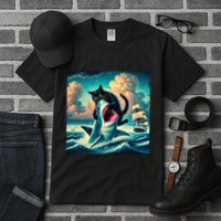 Cat Biting Shark Funny Art And Cat Lover Funny Tall T-Shirt