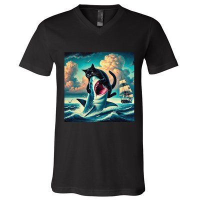 Cat Biting Shark Funny Art And Cat Lover Funny V-Neck T-Shirt
