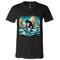 Cat Biting Shark Funny Art And Cat Lover Funny V-Neck T-Shirt