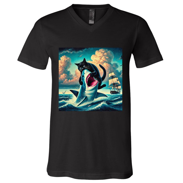Cat Biting Shark Funny Art And Cat Lover Funny V-Neck T-Shirt