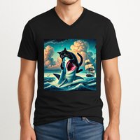 Cat Biting Shark Funny Art And Cat Lover Funny V-Neck T-Shirt