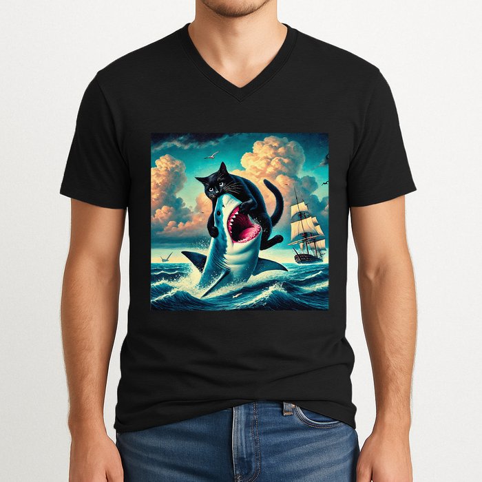 Cat Biting Shark Funny Art And Cat Lover Funny V-Neck T-Shirt