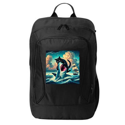 Cat Biting Shark Funny Art And Cat Lover Funny City Backpack