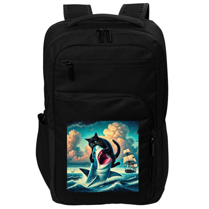 Cat Biting Shark Funny Art And Cat Lover Funny Impact Tech Backpack
