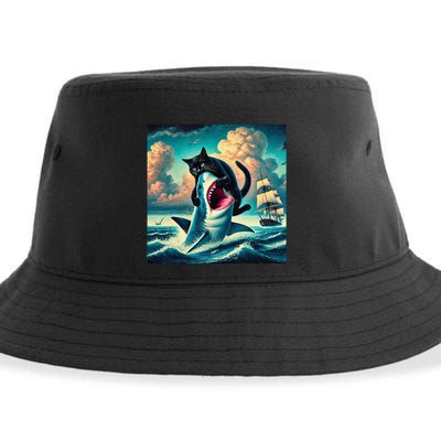 Cat Biting Shark Funny Art And Cat Lover Funny Sustainable Bucket Hat