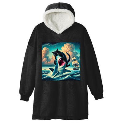 Cat Biting Shark Funny Art And Cat Lover Funny Hooded Wearable Blanket