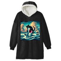 Cat Biting Shark Funny Art And Cat Lover Funny Hooded Wearable Blanket