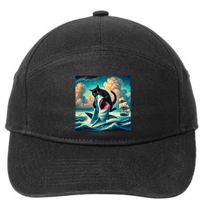 Cat Biting Shark Funny Art And Cat Lover Funny 7-Panel Snapback Hat