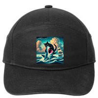 Cat Biting Shark Funny Art And Cat Lover Funny 7-Panel Snapback Hat