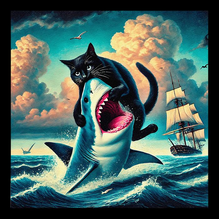 Cat Biting Shark Funny Art And Cat Lover Funny 7-Panel Snapback Hat