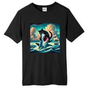 Cat Biting Shark Funny Art And Cat Lover Funny Tall Fusion ChromaSoft Performance T-Shirt