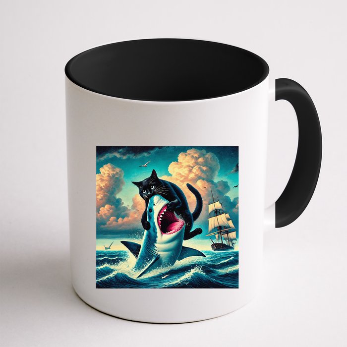 Cat Biting Shark Funny Art And Cat Lover Funny Mug