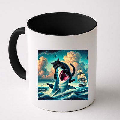 Cat Biting Shark Funny Art And Cat Lover Funny Mug